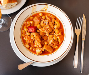 National Spanish dish tripe Callos a la Gallega - thick broth with chickpeas