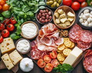 A vibrant assortment of fresh vegetables, cheeses, meats, and olives, perfect for a gourmet spread or antipasto platter.
