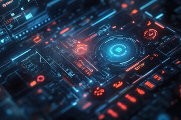 A futuristic digital interface with glowing blue and red lines and circles, showing a system error.