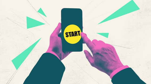 Motion poster trend art collage video of hand push phone screen start button loading new biz project success