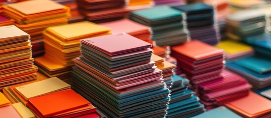 Colorful index cards arranged in stacks and spread out on a desk, 