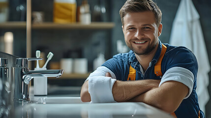 Smiling Handyman with Folded Arms Rests on Bathroom Sink,  a Clean and Bright Setting.