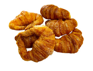 Delicate croissant with crumbly crust, filled with soft warm filling, ready to use with coffee, tea, cocoa. Pastries are served on plate, outdoor cafe, street food, snack on go. Isolated over white