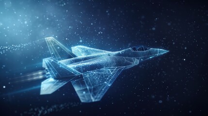 A fighter jet made of glowing blue polygons against a dark blue background.