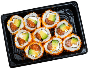 Japanese california roll masago caviar with salmon, avocado and cheese with soy sauce. Isolated over white background