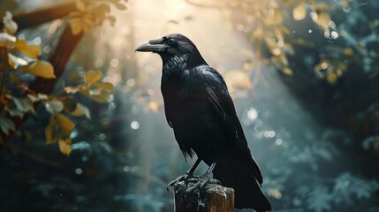 Fototapeta premium Crow as a teacher banner with copy space area for text. Cute Crow portrait....