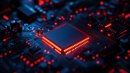 Obraz premium A close-up view of a microchip on a circuit board, highlighted by glowing red lights against a dark background, showcasing modern technology.