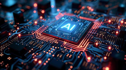 AI Technology Concept with Blue Abstract Circuit Board and Chip, Futuristic Digital Illustration