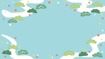 へびと松のフレーム素材(背景水色、緑の松)