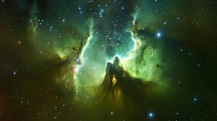 Obraz premium Breathtaking green nebula with a dense starfield, depicting the surreal beauty of outer space and star creation. Nebula. Illustration