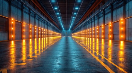 A futuristic industrial corridor illuminated by vibrant lights.