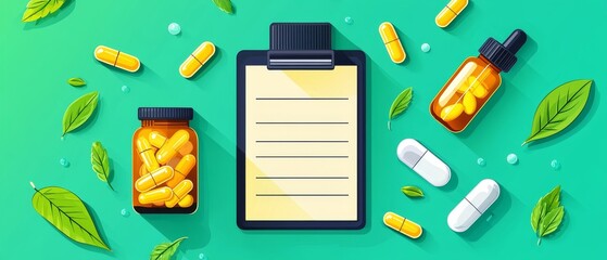 A vibrant layout featuring medicine bottles, capsules, and a clipboard, symbolizing health, wellness, and pharmaceutical care.