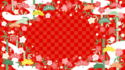 へびと松竹梅のフレーム素材(背景赤色市松模様)