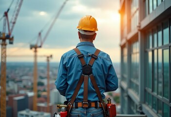 Male worker with safety equipment in high-risk work at high altitude
