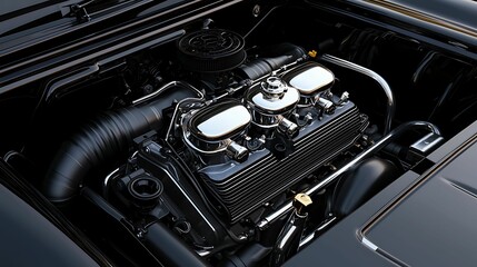 Turbocharger installation. A detailed image of a classic automotive engine, showcasing intricate components and polished surfaces, representative of mechanical engineering excellence.