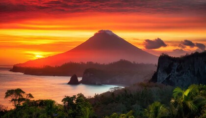 Obraz premium Awe-Inspiring Volcano Rising Above the Surrounding Tropical Rainforest and Coastal Cliffs, Set Against the Backdrop of a Fiery Red Sunset Over the Horizon