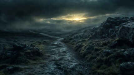 Fototapeta premium There is a beautiful river flowing gently through the mountains at night