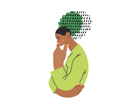 Thinking people, modern flat vector concept illustration- woman standing thoughtfully, looking down. Metaphor for reflection, analysis, introspection, contemplation, deep thought