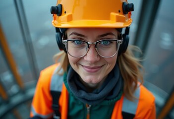 Female worker with safety equipment in high-risk work at high altitude