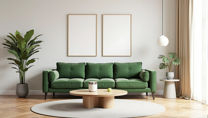 Living room wall poster mockup. Interior mockup with green sofa background, Modern interior design