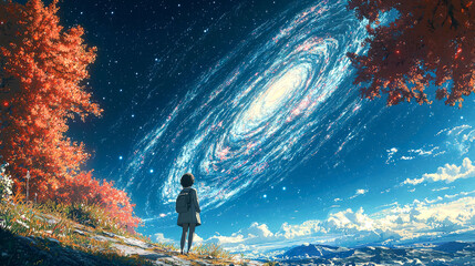 Obraz premium Girl gazing at galaxy in sky.