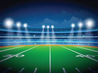 American football stadium with spot lights and the fans waiting for the game to start. Eps file