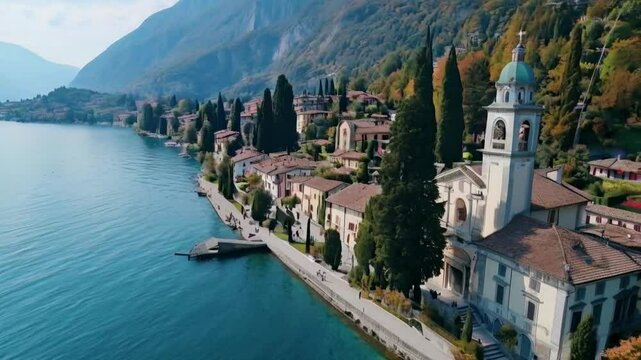 Aerial 4K - Gravedona - Lago di Como - Italy - Chiesa di S. Maria del Tiglio (sec. XII)