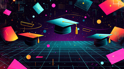 Graduation caps with retro background.