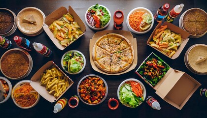 Buffet table scene of take out or delivery foods. Pizza, hamburgers, fried chicken and sides. Above view on a dark wood background.	
