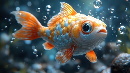 A cartoon fish exercising with water weights in a gym aquarium, blowing bubbles as it flexes its tiny fins.