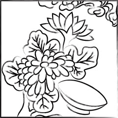 筆書き正方形花札　長月　菊　盃　9月　菊に盃