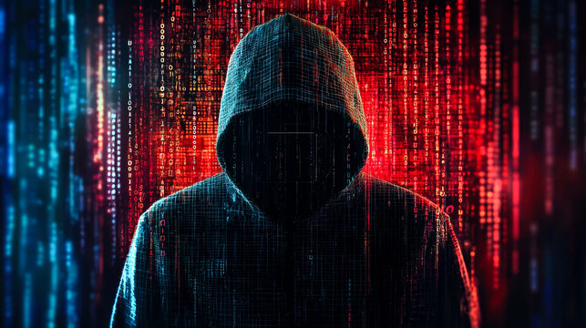 Hooded figure standing in front of a digital code background.
