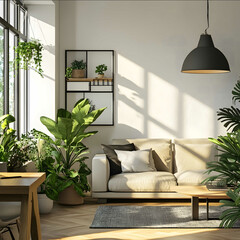A Nordic style living room with sofas green plants and a desk lamp