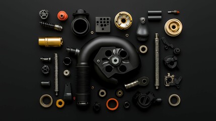 Obraz premium Turbocharger. A flat lay of various mechanical components and parts, displayed on a dark background, showcasing intricate designs and varying textures.