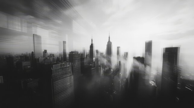Fototapeta A black and white image of a city skyline with fog obscuring some of the buildings.