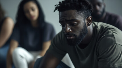 Group practices to combat stress, sad man