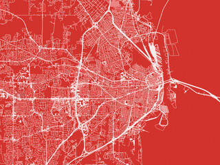 Christmas Map of Mobile Alabama, USA in Snowy White on Festive Red Background.