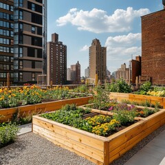 Fototapeta premium City rooftop garden with raised beds filled with vegetables, flowers, and herbs, surrounded by urban buildings