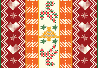 Knitted seamless patterns for Christmas. Cross stitch sweater textures background. Knitted print traditional ornament.Festive geometric wool pullover.Vector illustration,design for clothing,blanket