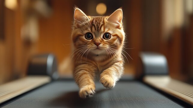 A cat using a treadmill, but constantly stopping to stretch in funny, exaggerated yoga poses mid-run.