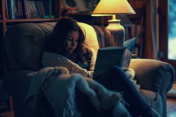 Fototapeta premium Young Woman Cozy at Home Reading a Book in a Comfortable Armchair