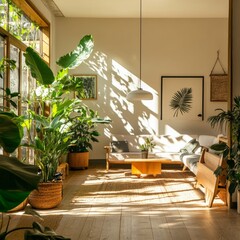 Interior design with eco-friendly materials, indoor plants, recycled furniture, and plenty of natural sunlight