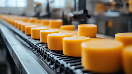 Obraz premium Cheese production, cheese on a conveyor