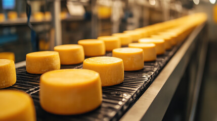 Fototapeta premium Cheese production, cheese on a conveyor
