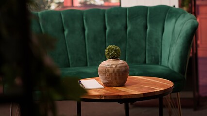 Empty high end psychotherapy cabinet equipped with modern furniture and plants, creating a cozy atmosphere for clients to open up. Professional counseling and psychiatry office.