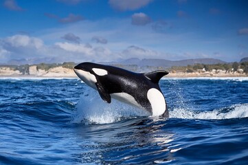 Fototapeta premium The orca, otherwise called the executioner whale or killer whale, (Orcinus orca), leaping from ocean water with splashes, 