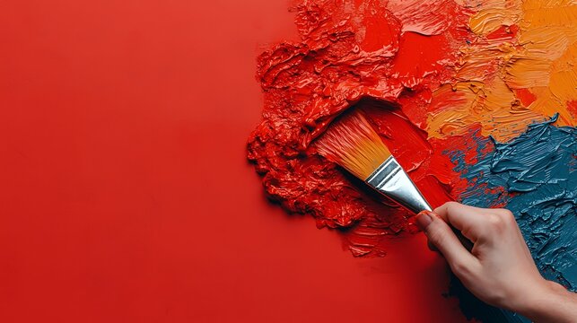 A close-up of a paintbrush applying vibrant colors on a textured red surface, showcasing artistic creativity and bold color choices.