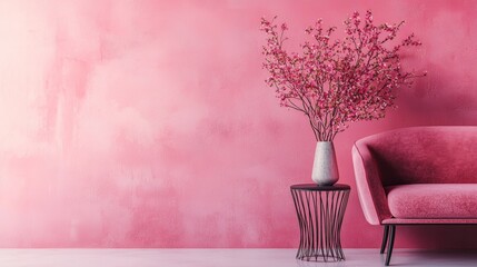 Minimalist interior with pink armchair and cherry blossom vase