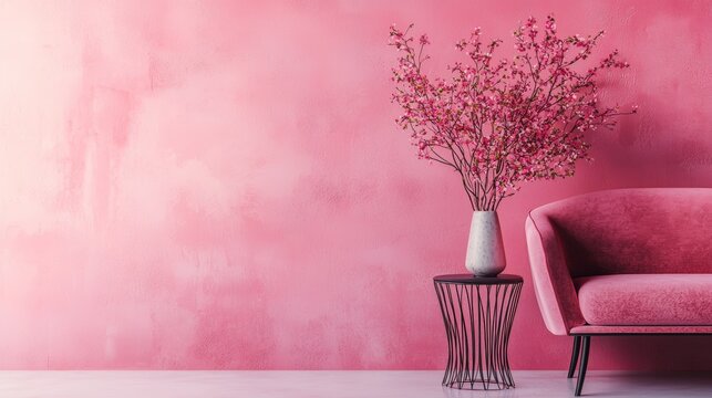 Minimalist interior with pink armchair and cherry blossom vase
