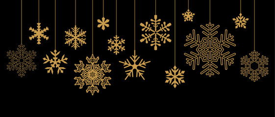 Vector illustration of elegant gold hanging snowflakes on a black background, perfect for holiday designs.